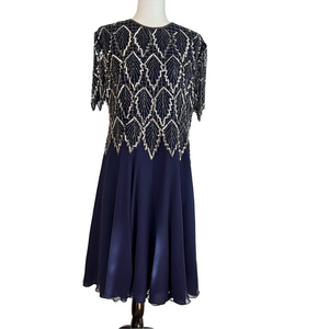 Vintage Laurence Kazar Black Silver Sequined Beaded Short Sleeve Formal Dress PL